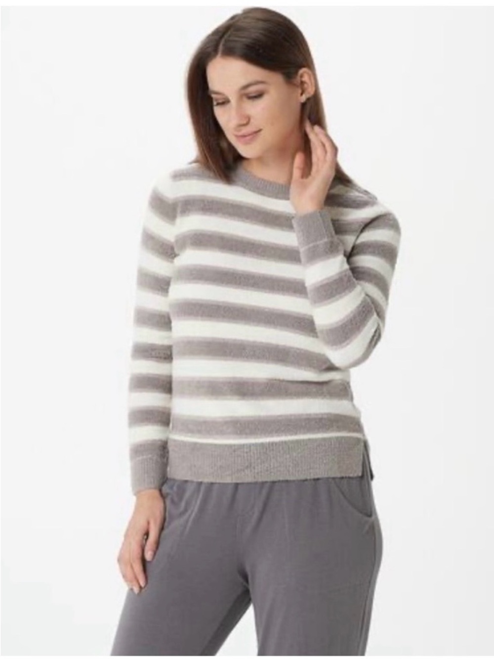Barefoot Dreams CozyChic sweater gray striped pullover Ultra Lite metallic